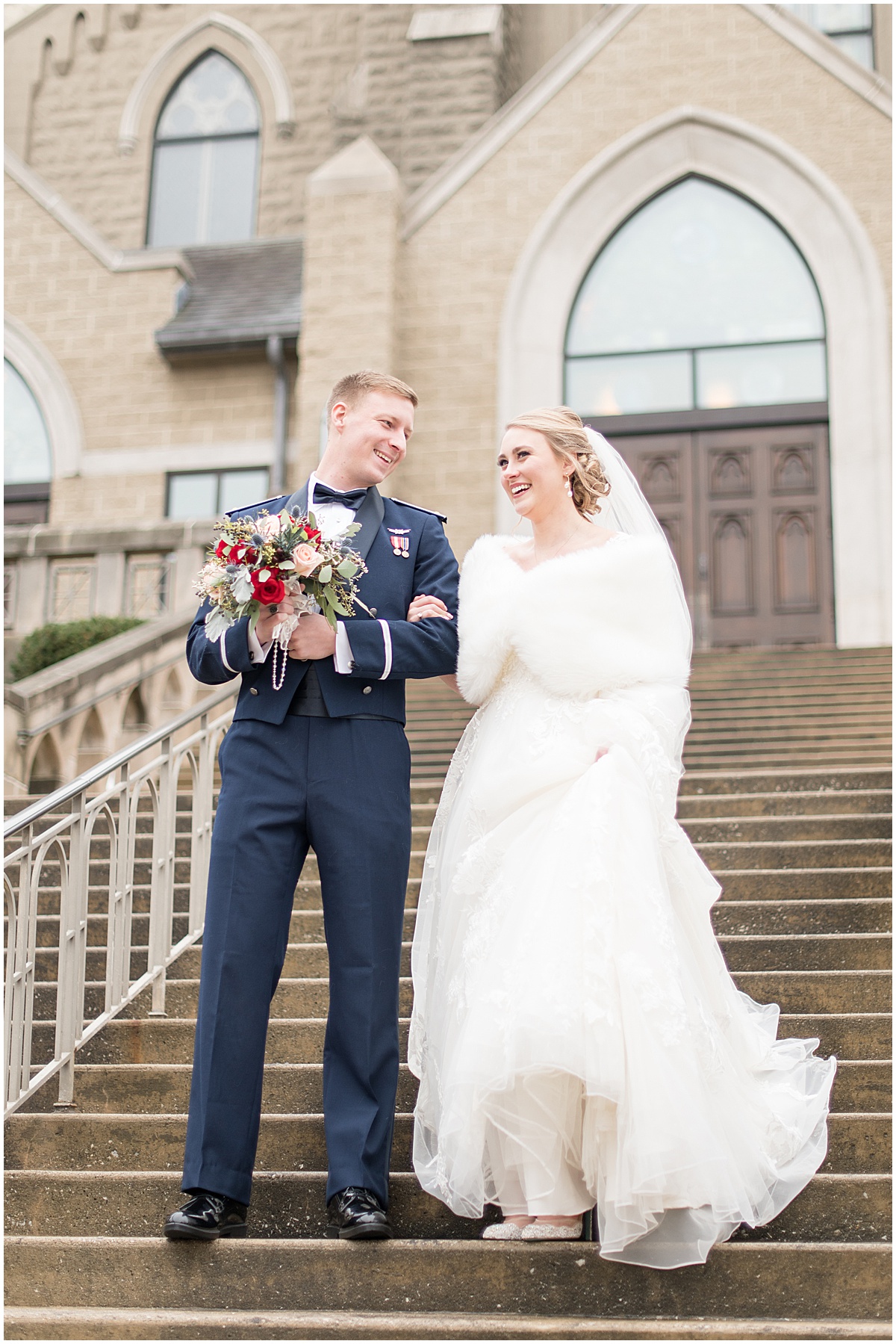 Bride and groom just married photos after ceremony at the Cathedral of Saint Mary in Lafayette, Indiana