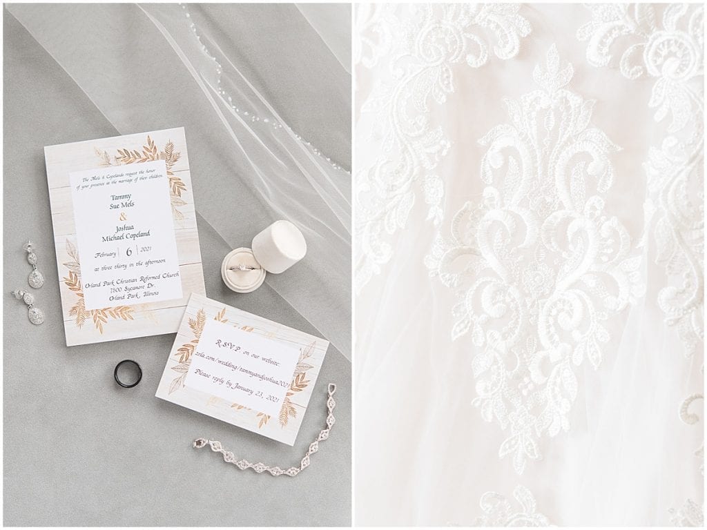 Bridal details of at-home, socially distanced wedding in Tinley Park, Illinois