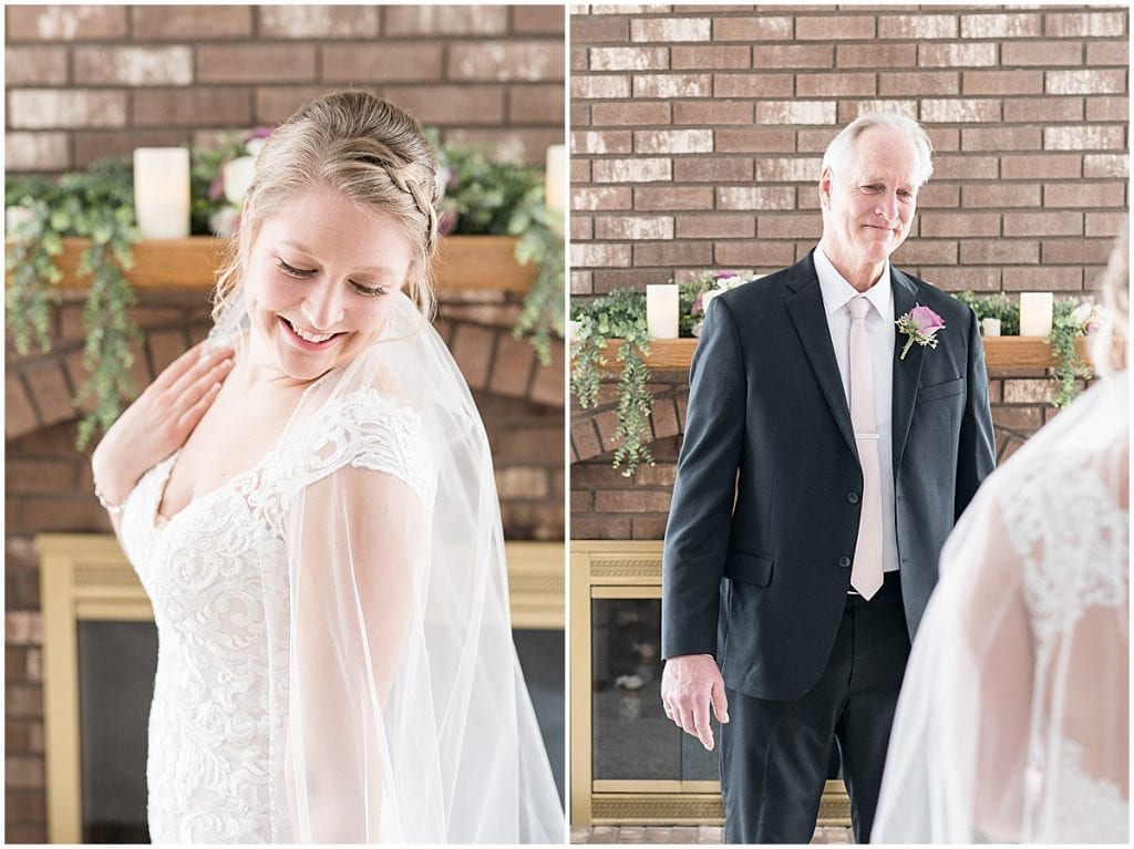Father of the bride first look before at-home, socially distanced wedding