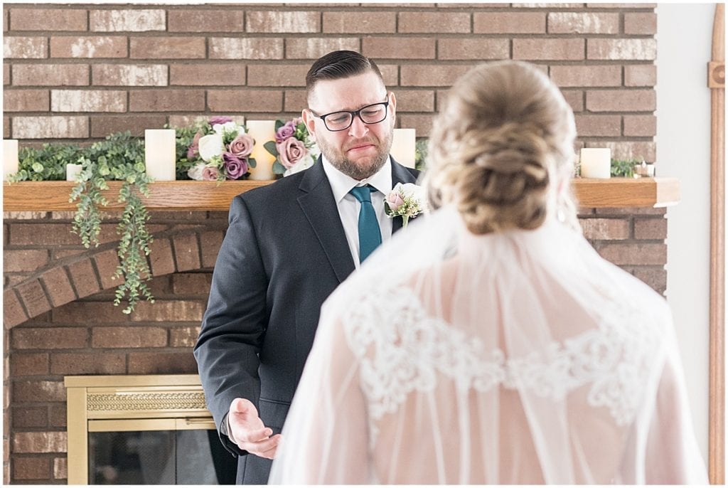Groom's reaction to bride for at-home, socially distanced wedding