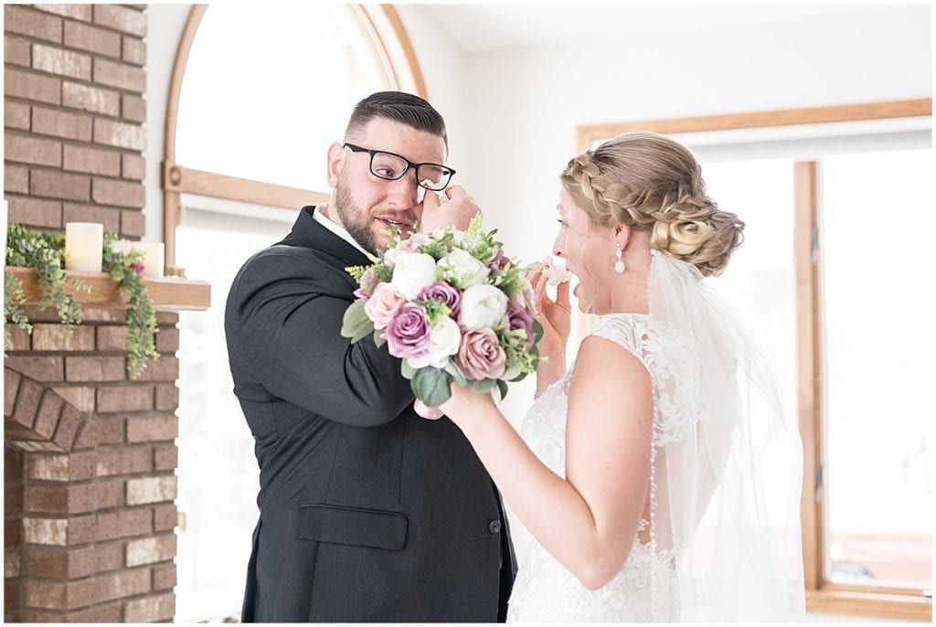 Groom's reaction to bride for at-home, socially distanced wedding