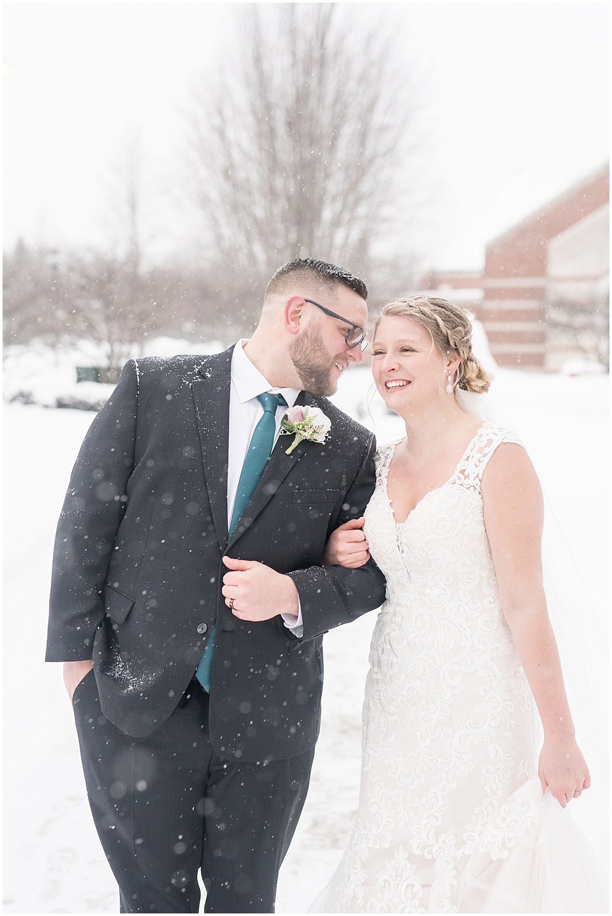 Wedding photos in the snow at Trinity Christian College in Chicago, Illinois