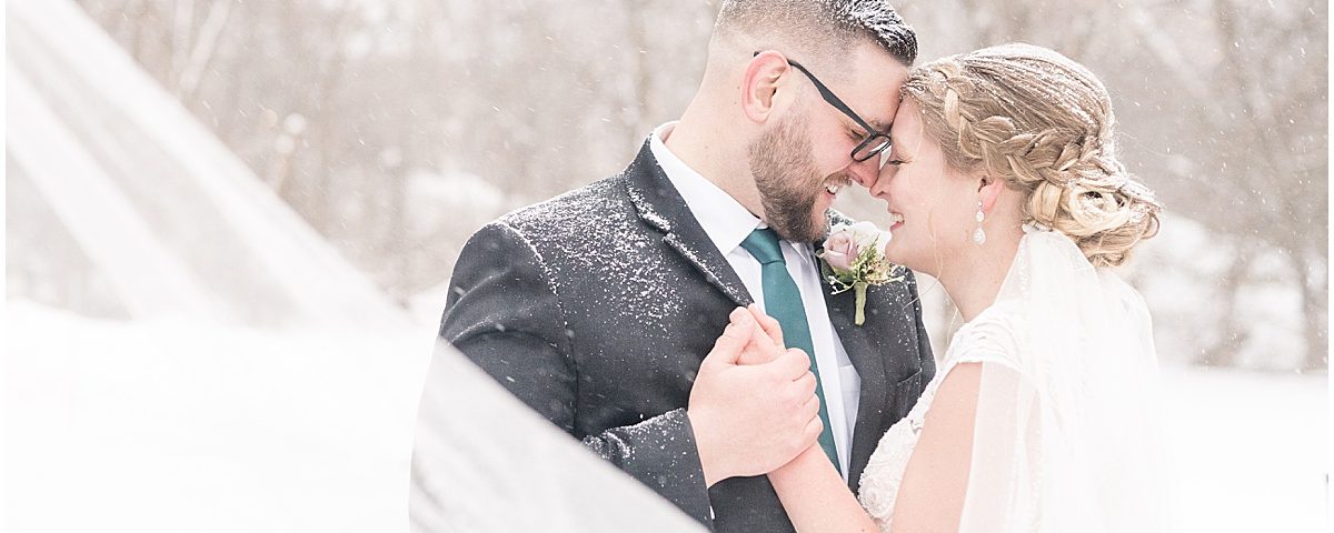 Wedding photos in the snow at Trinity Christian College in Chicago, Illinois