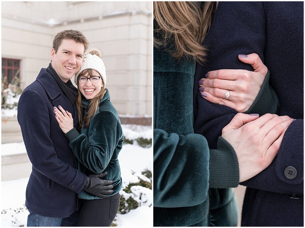 Newly engaged couple poses for photos after proposal at The Palladium in Carmel, Indiana