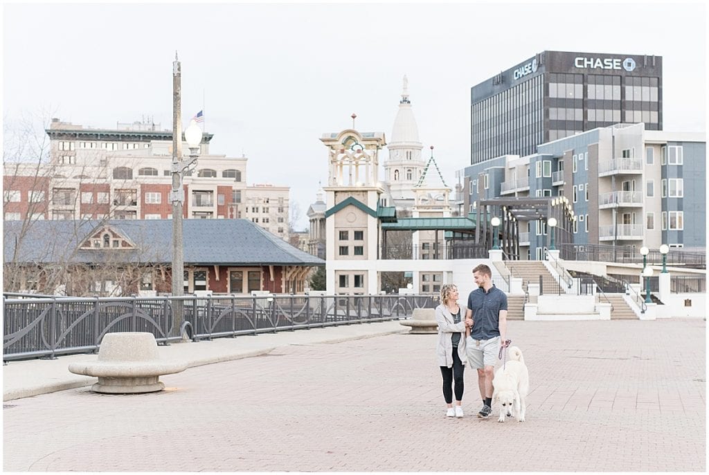 Couple photos with dog on John T. Myers Pedestrian Bridge in downtown Lafayette, Indiana