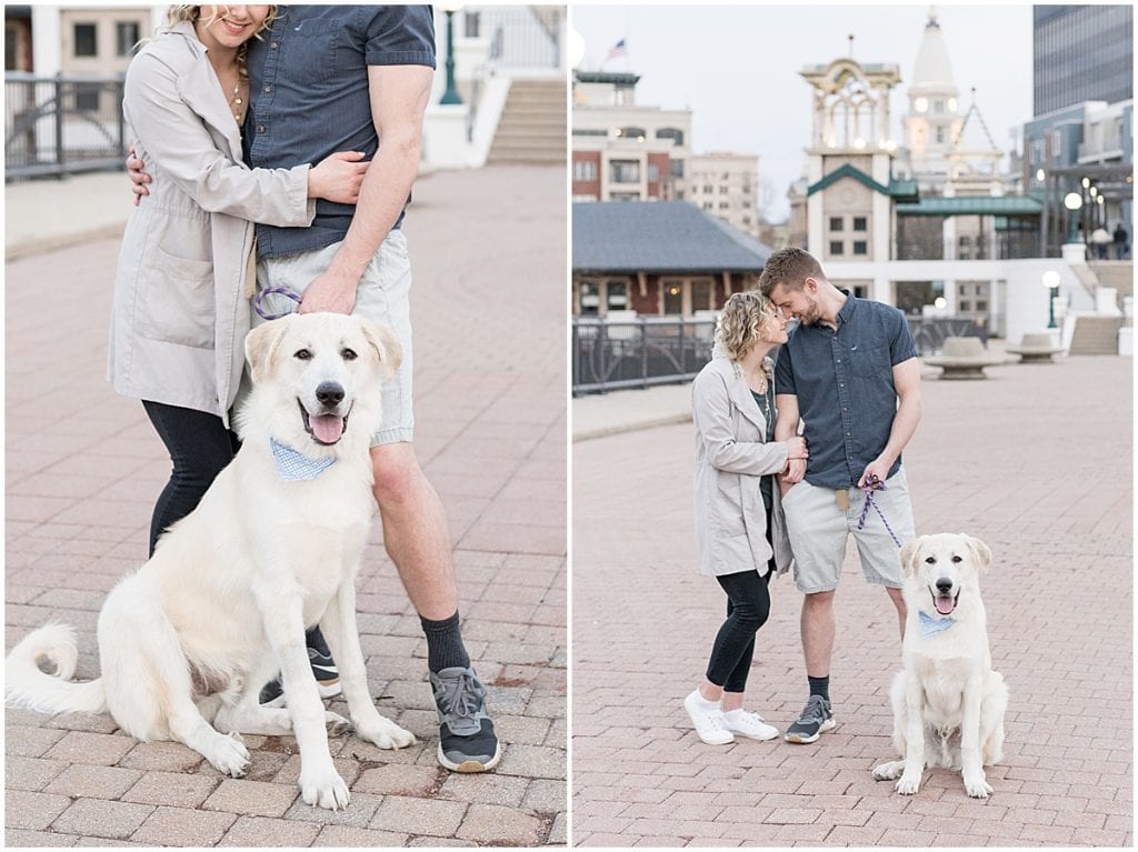 Couple photos with dog on John T. Myers Pedestrian Bridge in downtown Lafayette, Indiana