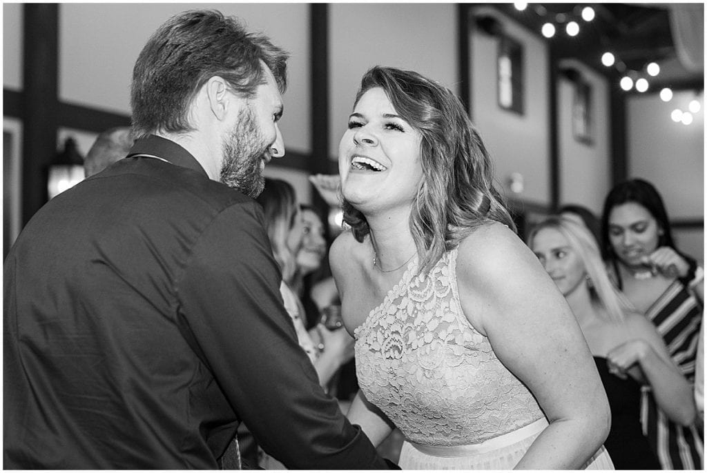 Dancing during reception of Barn at Bay Horse Inn wedding in Greenwood, Indiana