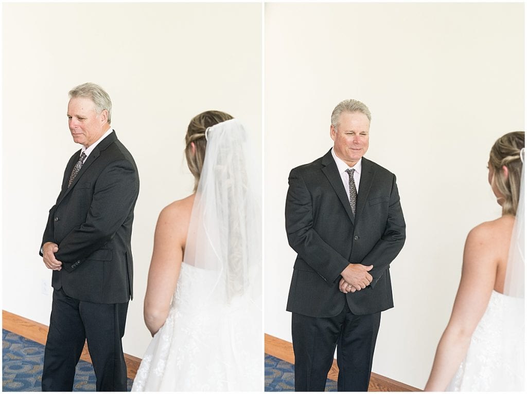 Bride's first look with father for Barn at Bay Horse Inn wedding in Greenwood, Indiana