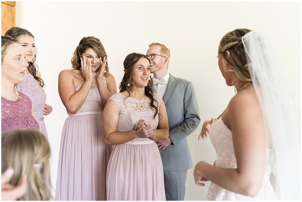First look reaction before Barn at Bay Horse Inn wedding in Greenwood, Indiana