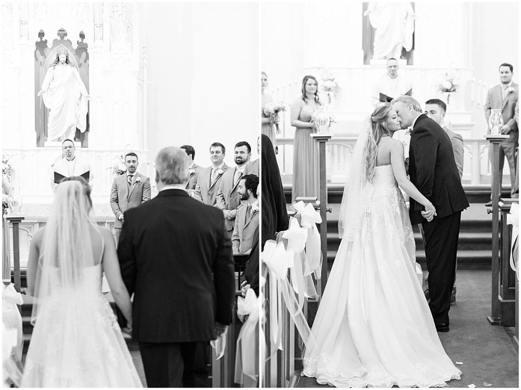Bride walking down the aisle at wedding at St. John Lutheran Church in Indianapolis
