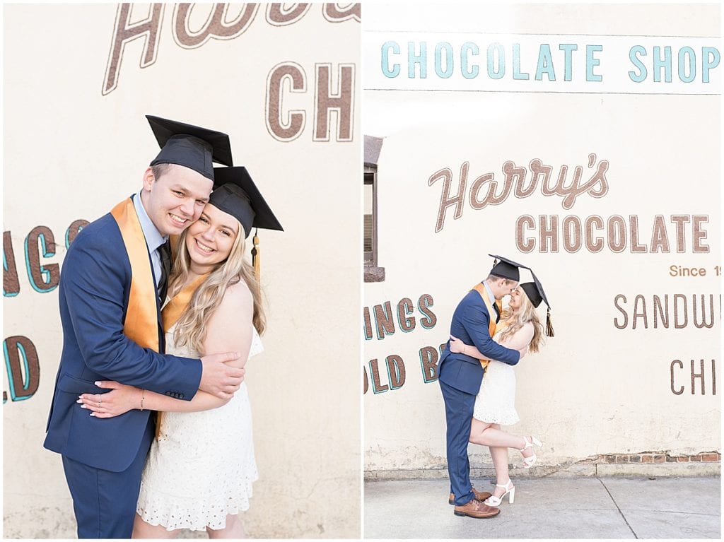 Elyse Kady and Sam Tincher’s Class of 2021 Purdue senior photos at Harry's Chocolate Shop