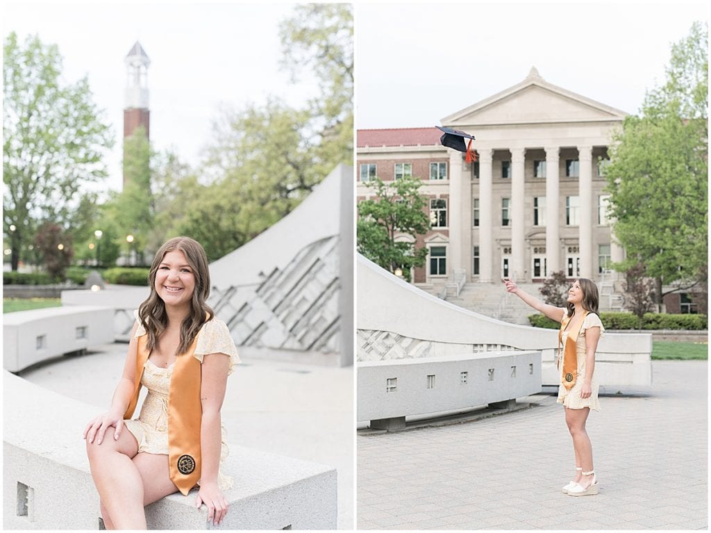 Sarah LaPlena’s Class of 2021 Purdue University senior photos by Purdue's Bell Tower and Fountain