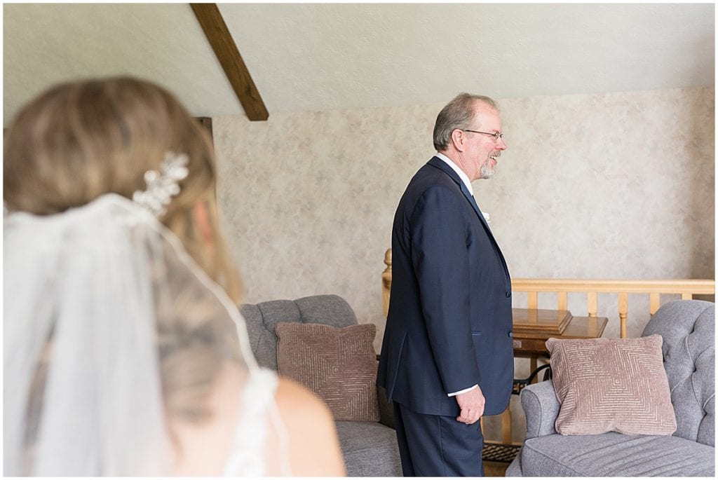 Bride's first look with father at Lizton Lodge Wedding in Lizton, Indiana