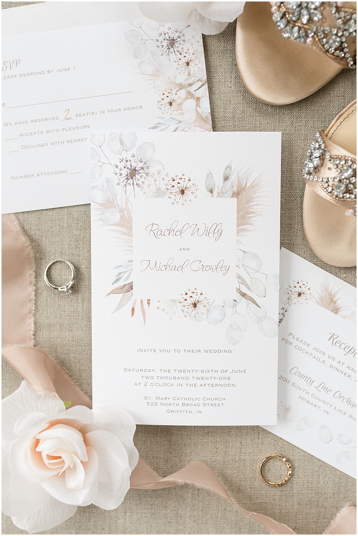 Wedding invitation for County Line Orchard Wedding in Hobart, Indiana