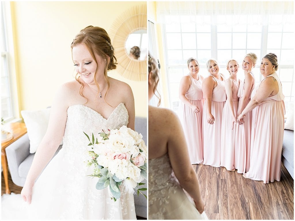 Bride first look with bridesmaids before County Line Orchard Wedding in Hobart, Indiana