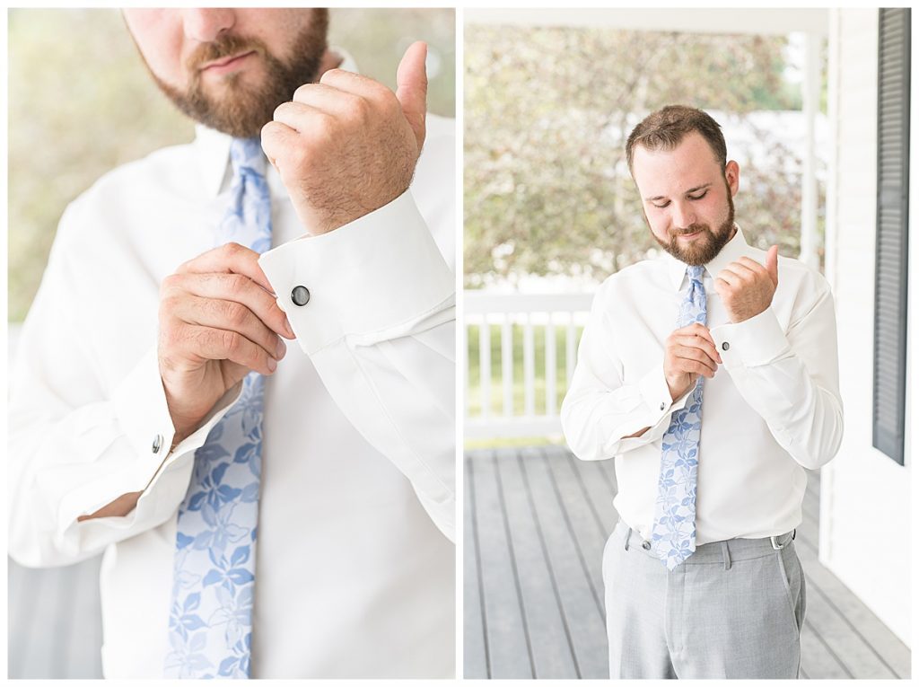 Groom getting ready for Gathering Acres wedding in Lafayette, Indiana