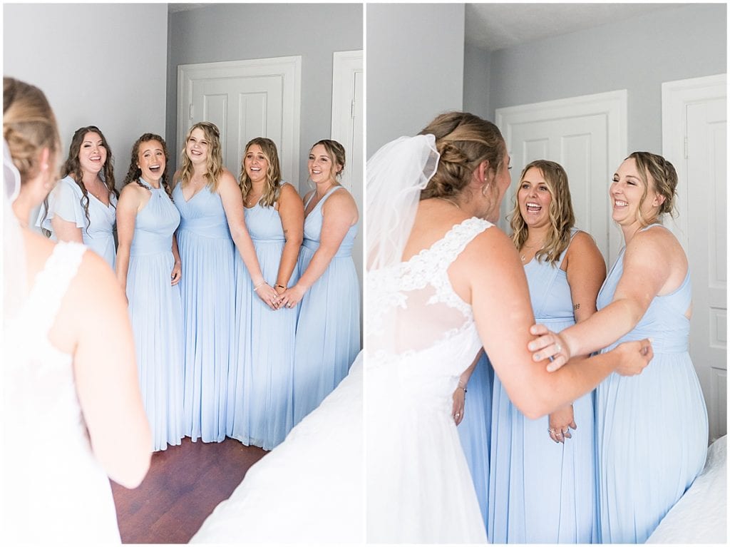 Bridesmaids first look before Hawk Point Acres Wedding in Anderson, Indiana