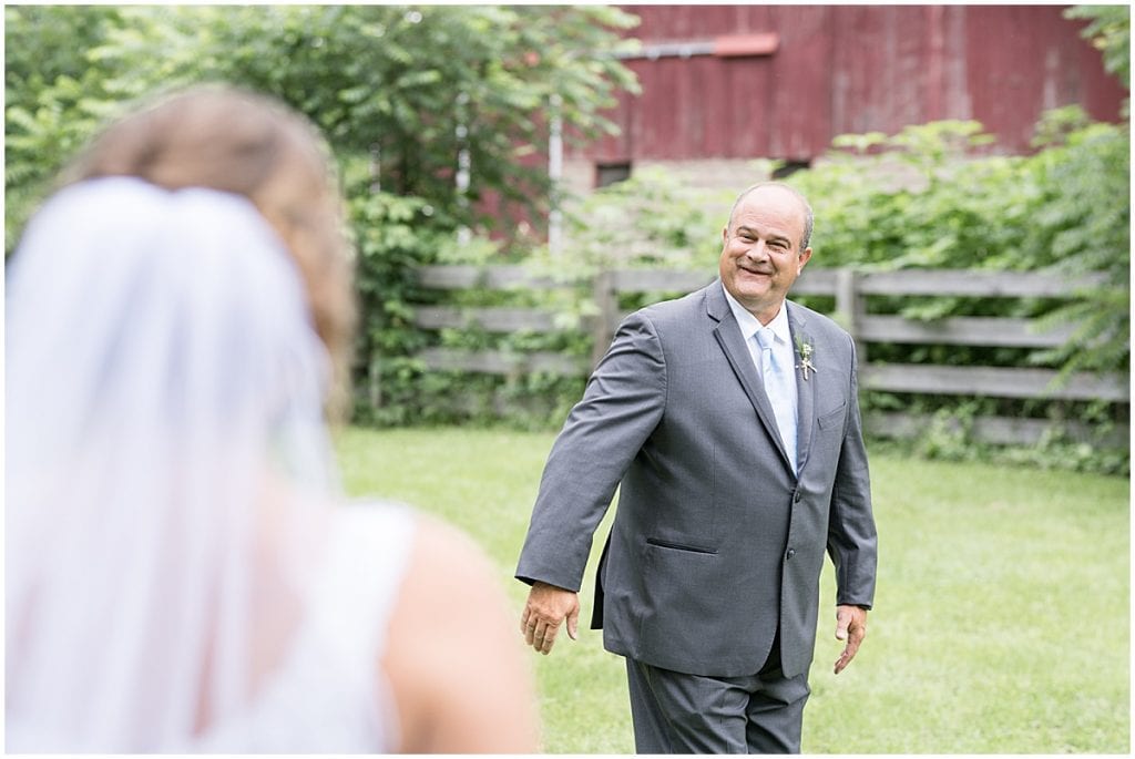 First look with dad before Hawk Point Acres Wedding in Anderson, Indiana
