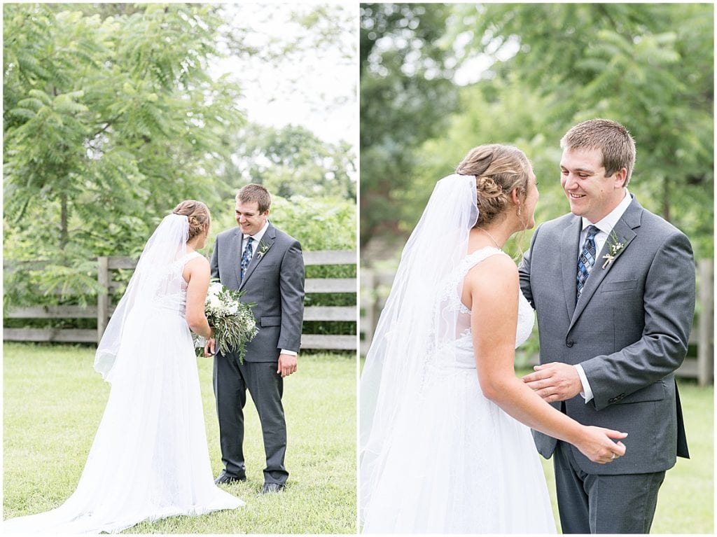 Bride and groom first look before Hawk Point Acres Wedding in Anderson, Indiana