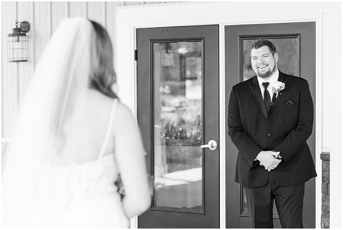 First look reaction at New Journey Farms wedding in Lafayette, Indiana by Victoria Rayburn Photography