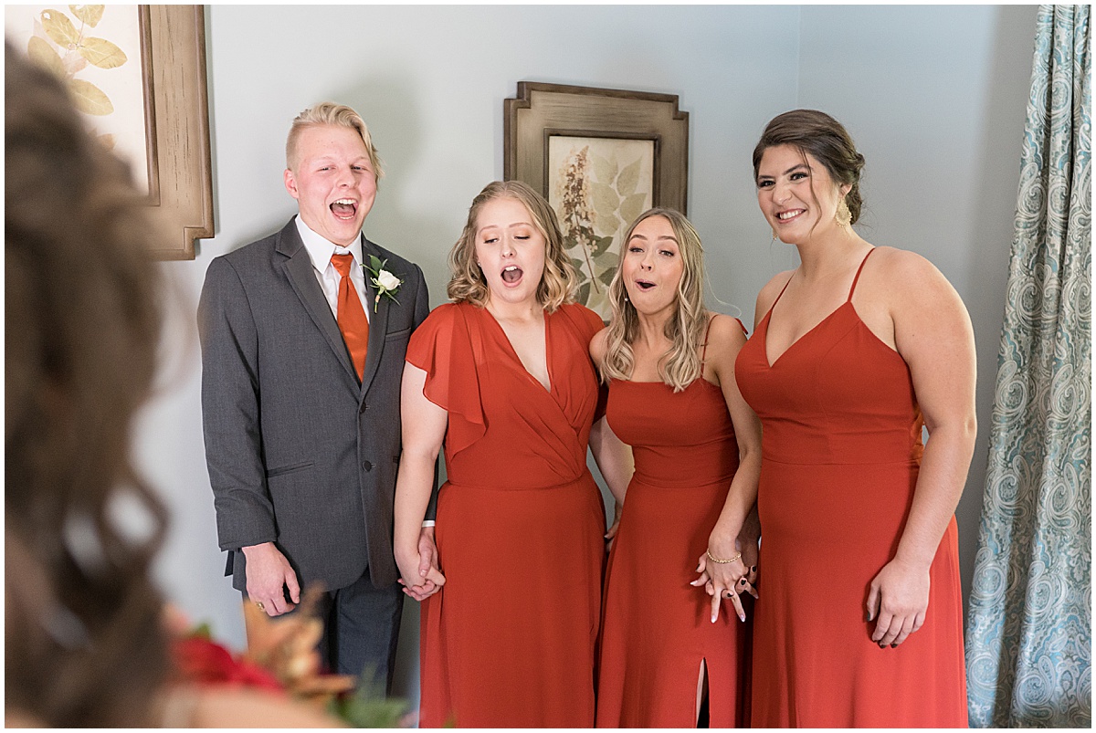 Bridesmaids first look before outdoor private property wedding in Frankfort, Indiana by Victoria Rayburn Photography