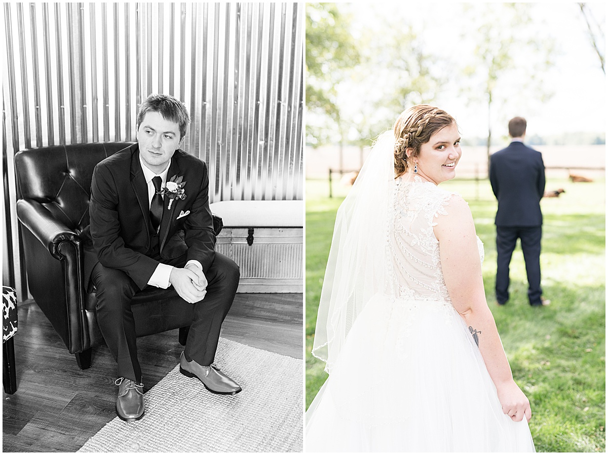 Groom portraits before fall wedding at Vintage Oaks Banquet Barn in Delphi, Indiana