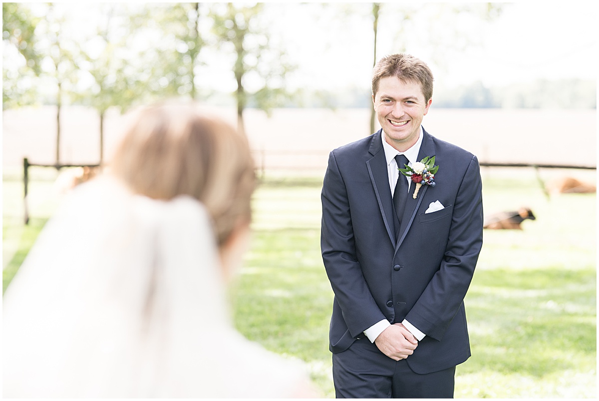 First look before fall wedding at Vintage Oaks Banquet Barn in Delphi, Indiana
