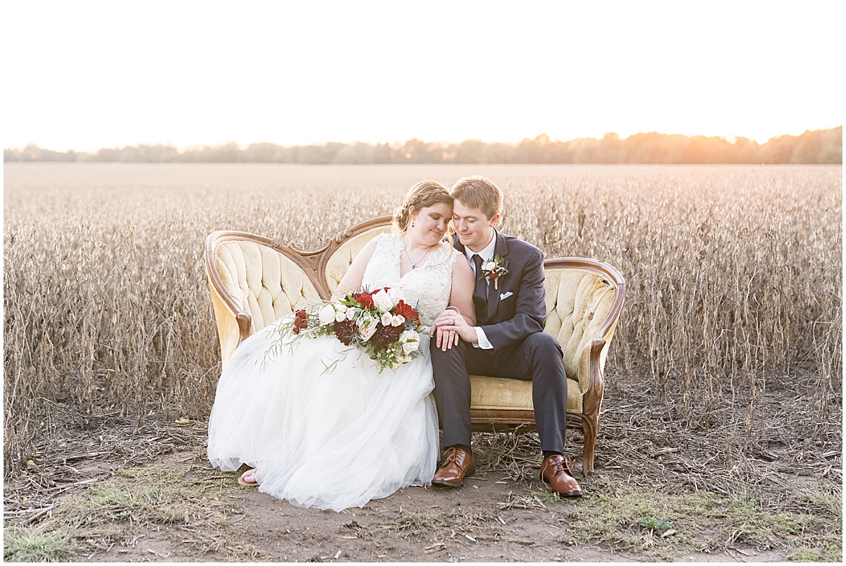 Sunset photos after fall wedding at Vintage Oaks Banquet Barn in Delphi, Indiana