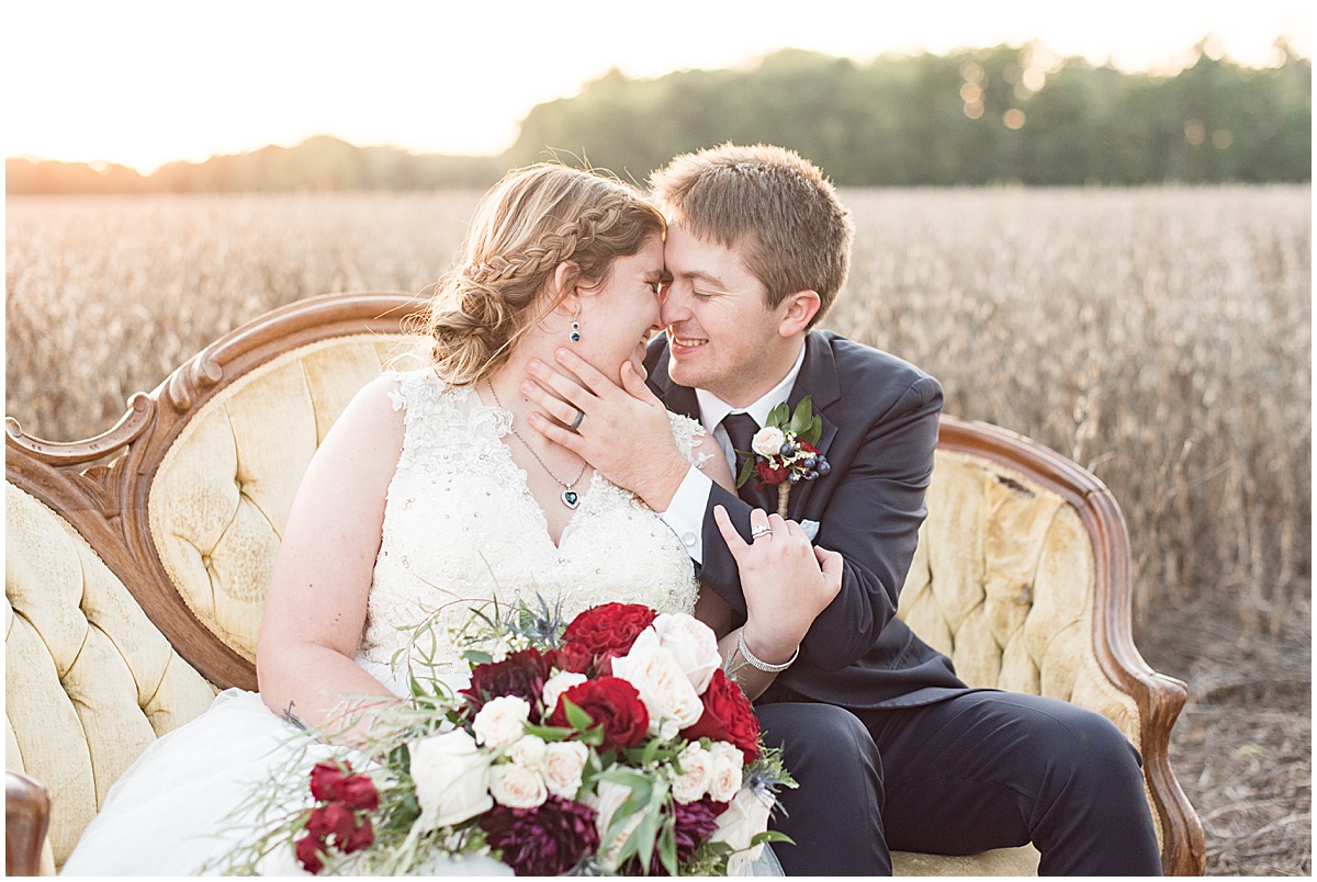 Sunset photos after fall wedding at Vintage Oaks Banquet Barn in Delphi, Indiana
