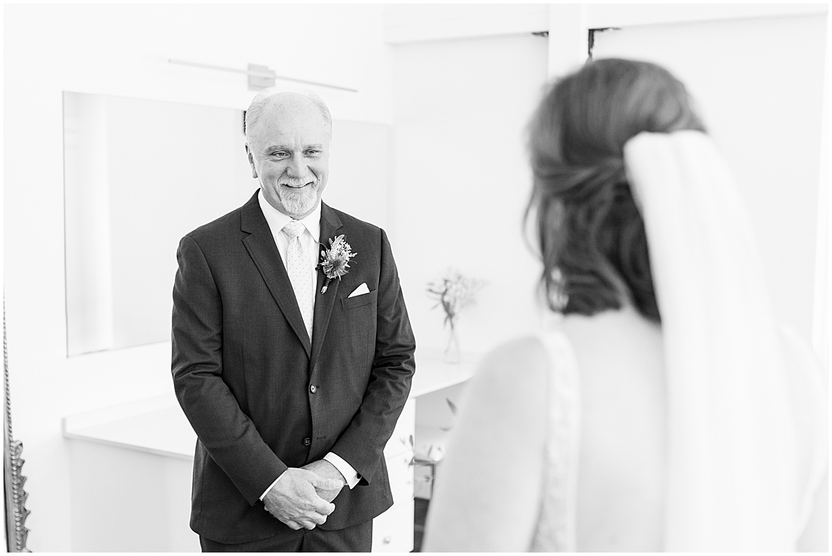 First look with dad before wedding at The Sixpence in Whitestown, Indiana by Indianapolis wedding photographer Victoria Rayburn