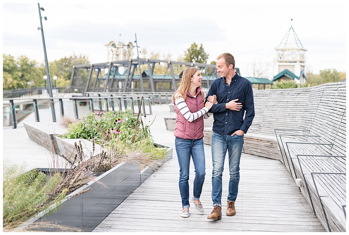 Fall engagement on the John T. Myers Pedestrian Bridge in Lafayette, Indiana