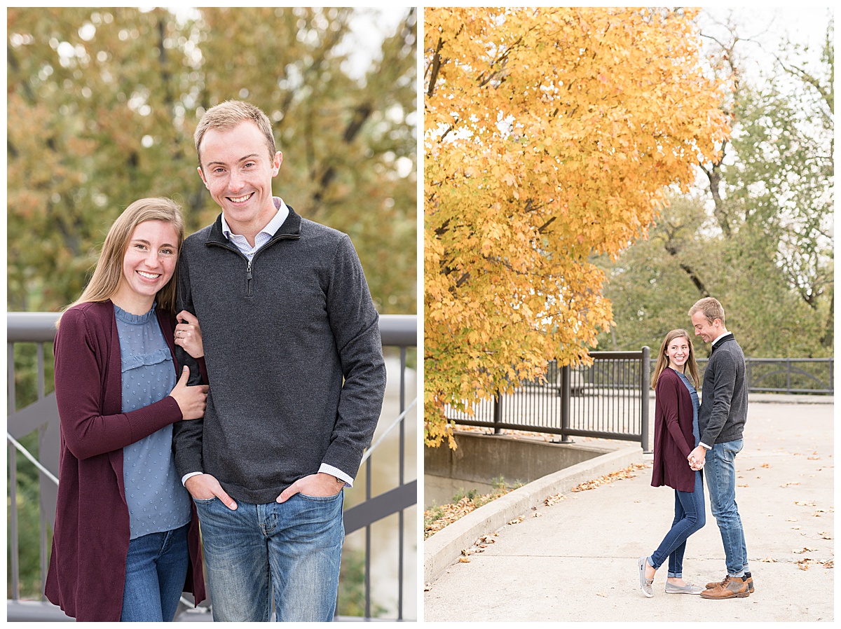 Fall engagement on the John T. Myers Pedestrian Bridge in Lafayette, Indiana