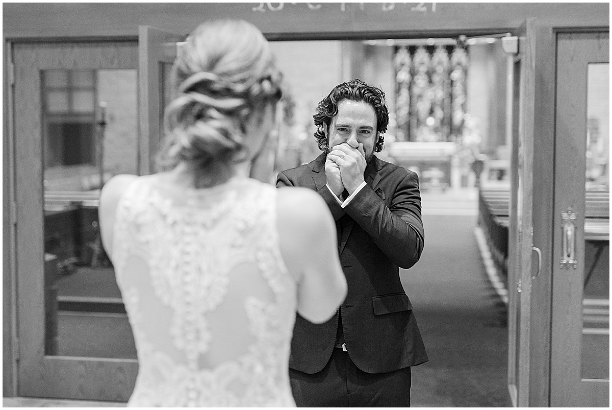 First look reaction at Danada House wedding in Wheaton, Illinois photographed by Indiana wedding photographer Victoria Rayburn