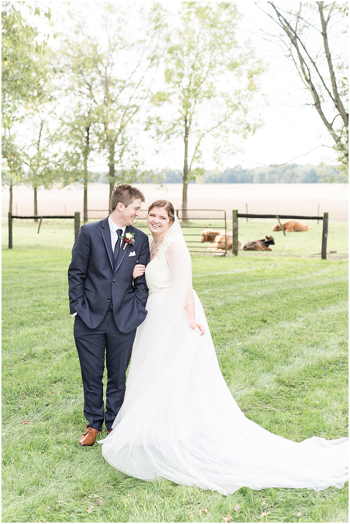 Bride and groom before fall wedding at Vintage Oaks Banquet Barn photographed by Lafayette, Indiana wedding photographer Victoria Rayburn
