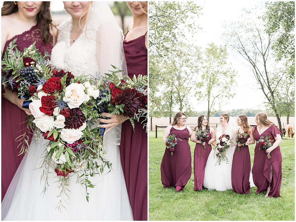 Bridal party photos at fall wedding at Vintage Oaks Banquet Barn photographed by Lafayette, Indiana wedding photographer Victoria Rayburn