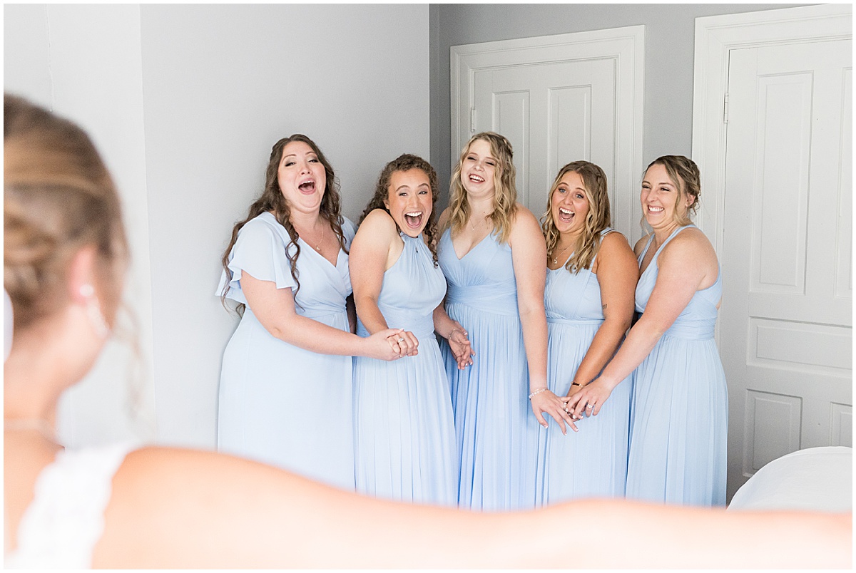 Bridesmaids reaction at Hawks Point Acres wedding in Anderson, Indiana photographed by Victoria Rayburn Photography