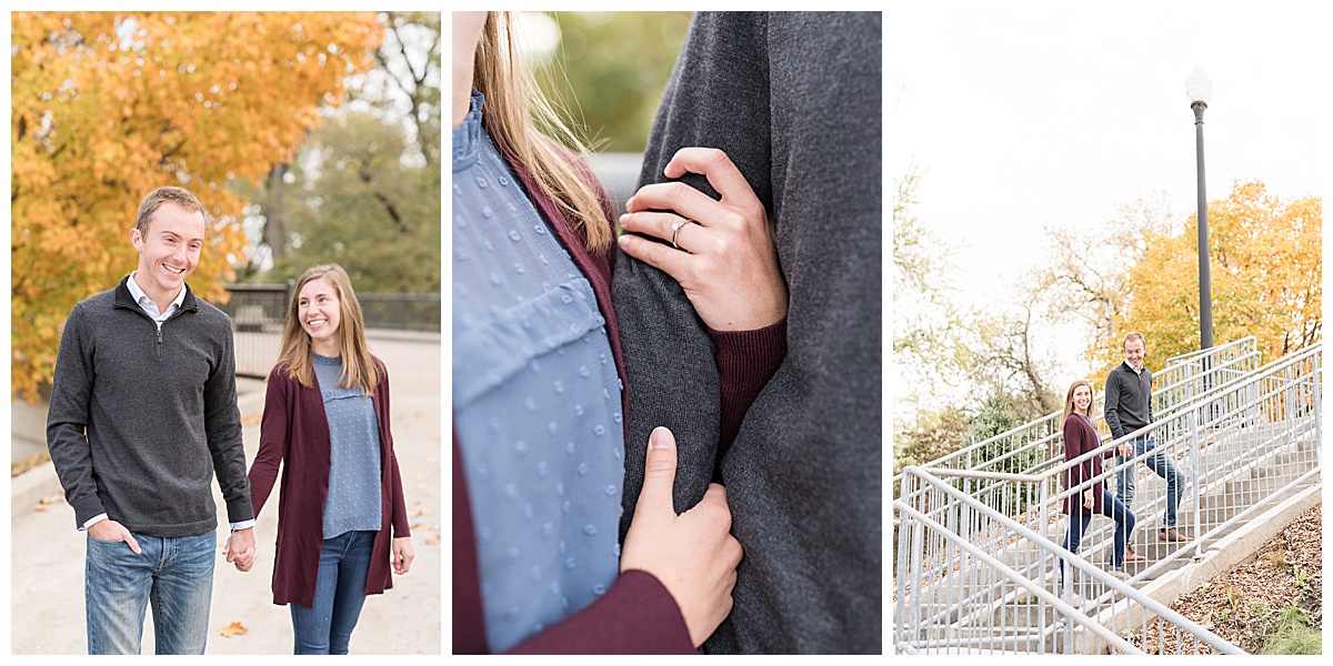 Fall engagement on the John T. Myers Pedestrian Bridge in Lafayette, Indiana