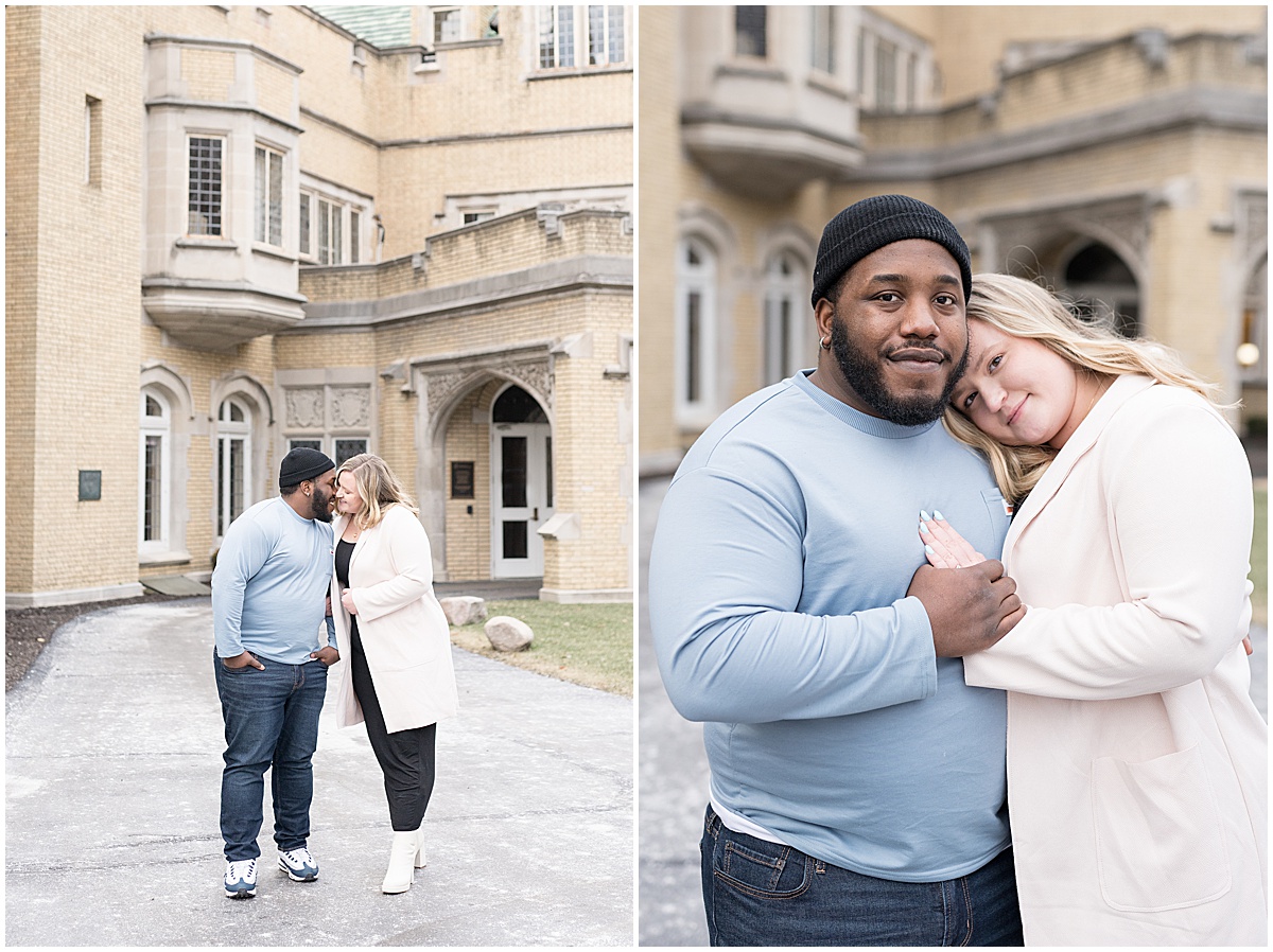 Winter Laurel Hall engagement photos on Laurel Hall’s grounds by Indianapolis wedding photographer Victoria Rayburn Photography