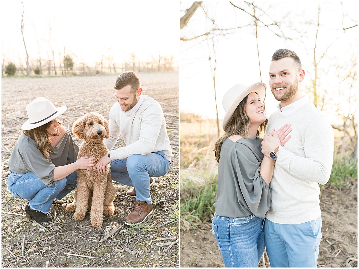 Country engagement photos in Lebanon, Indiana with dog