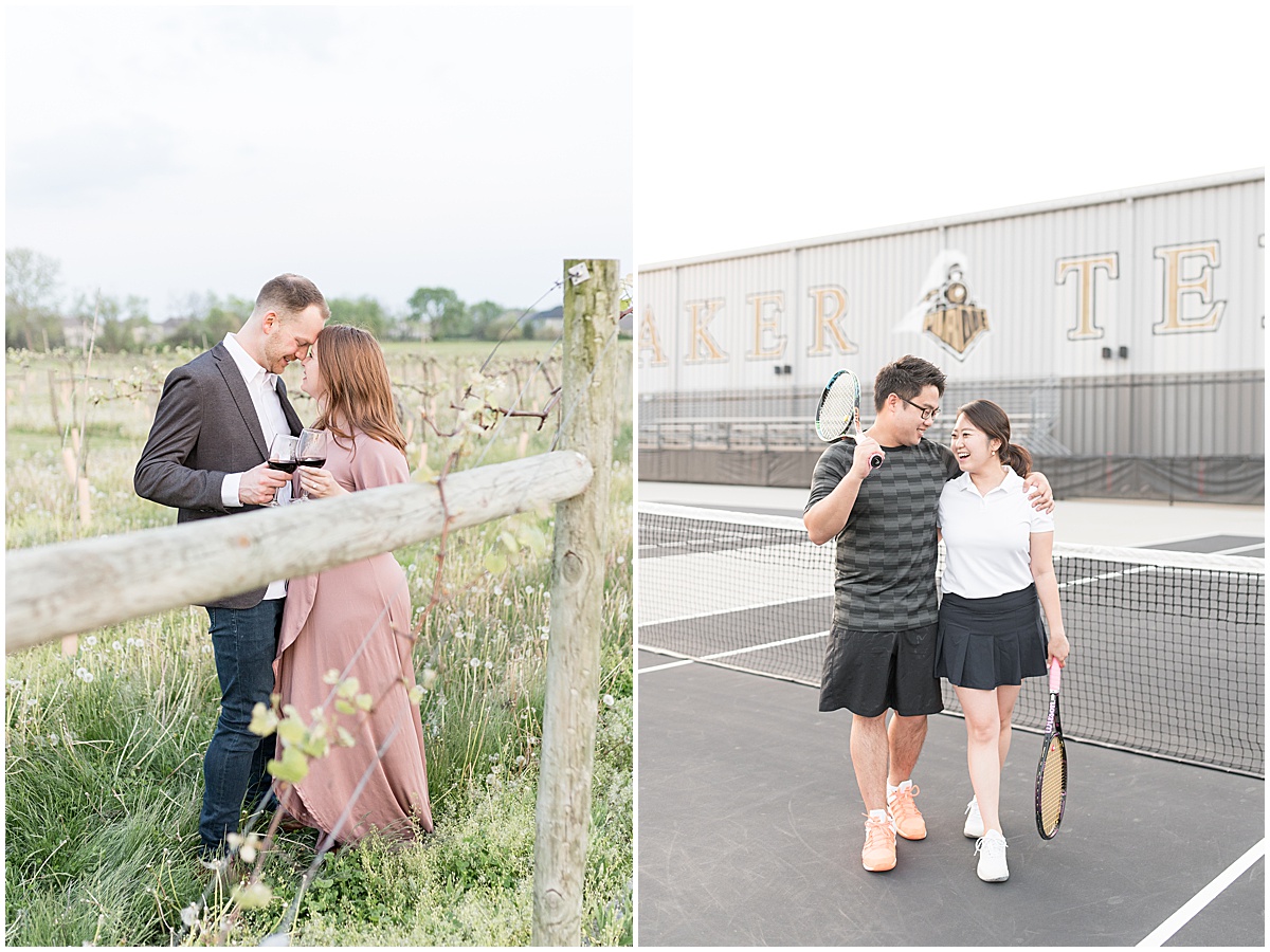 Couples walking during engagement photos at vineyard and at purdue university