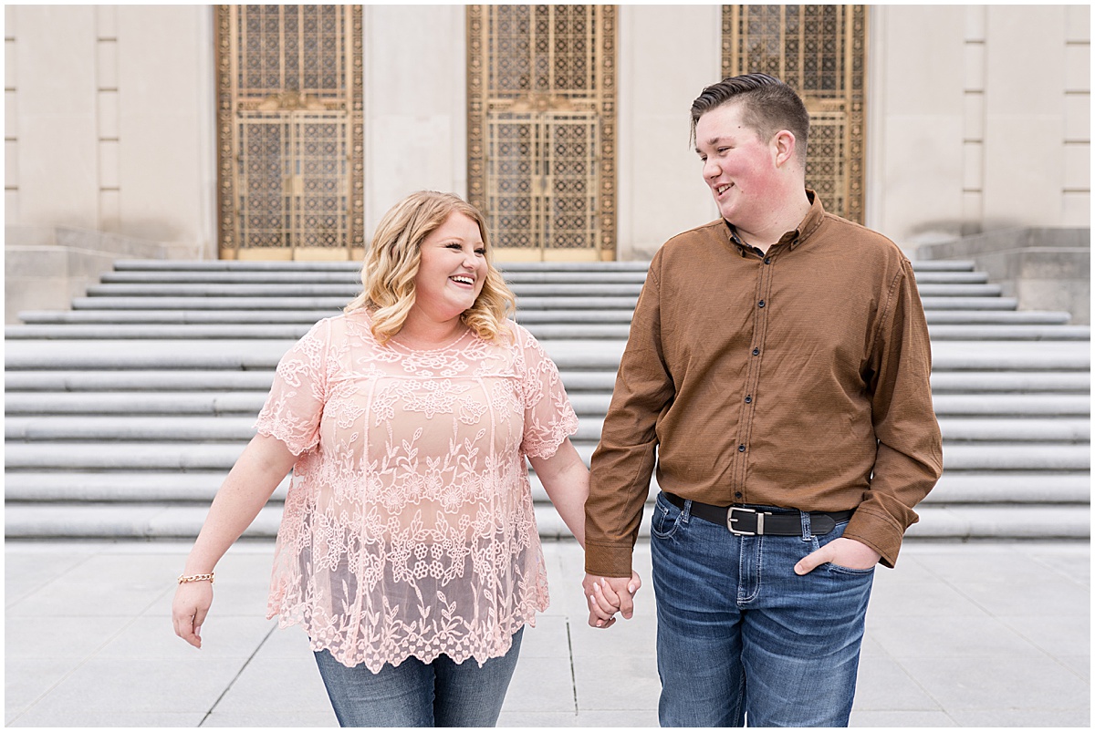 March engagement photos in Downtown Indianapolis by the Indiana War Memorial