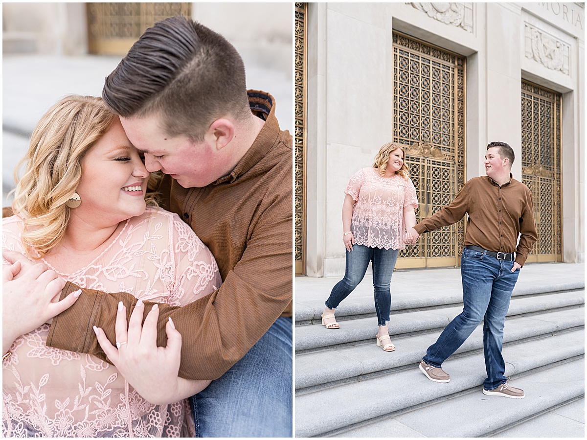 March engagement photos in Downtown Indianapolis by the Indiana War Memorial