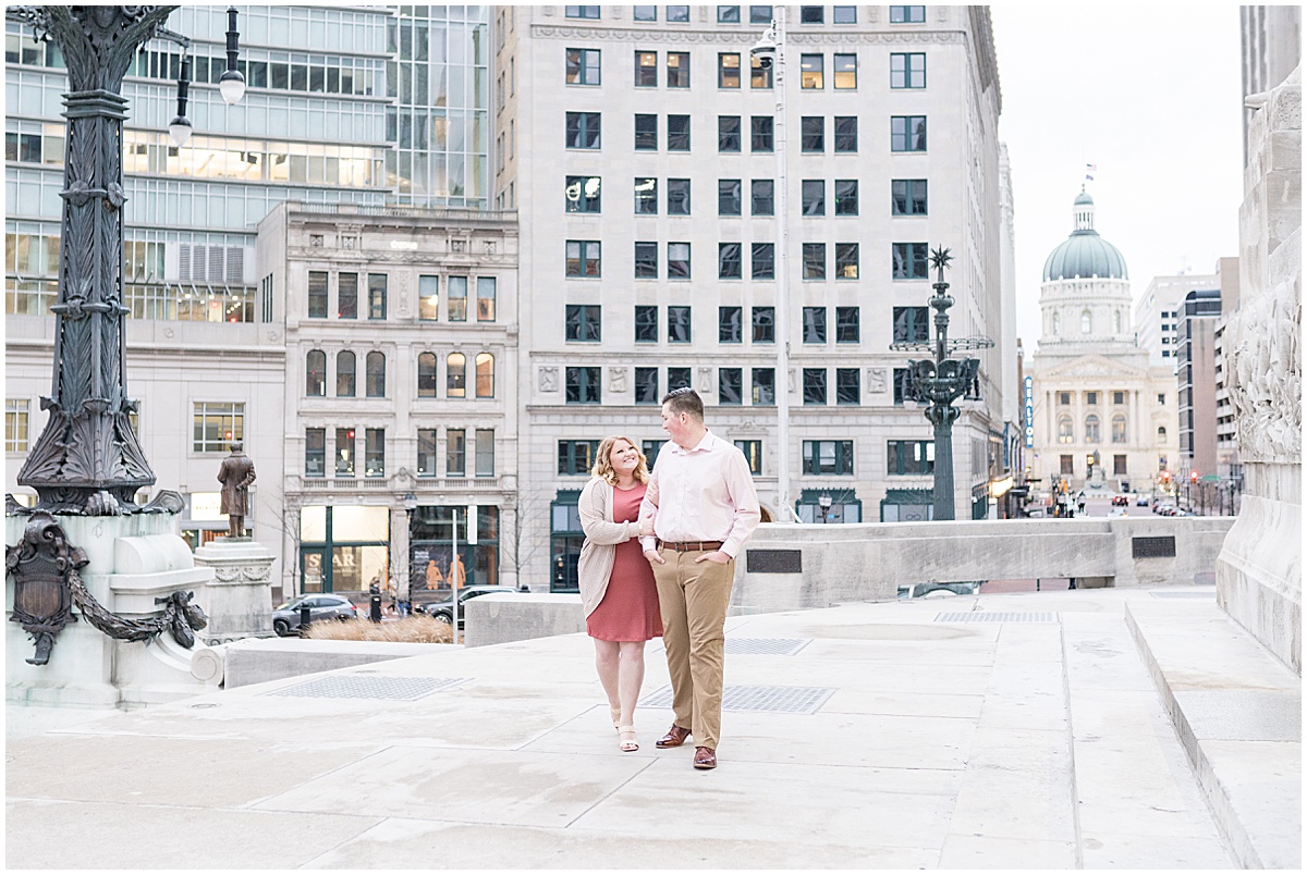 March engagement photos in Downtown Indianapolis by the Soldiers and Sailors Monument