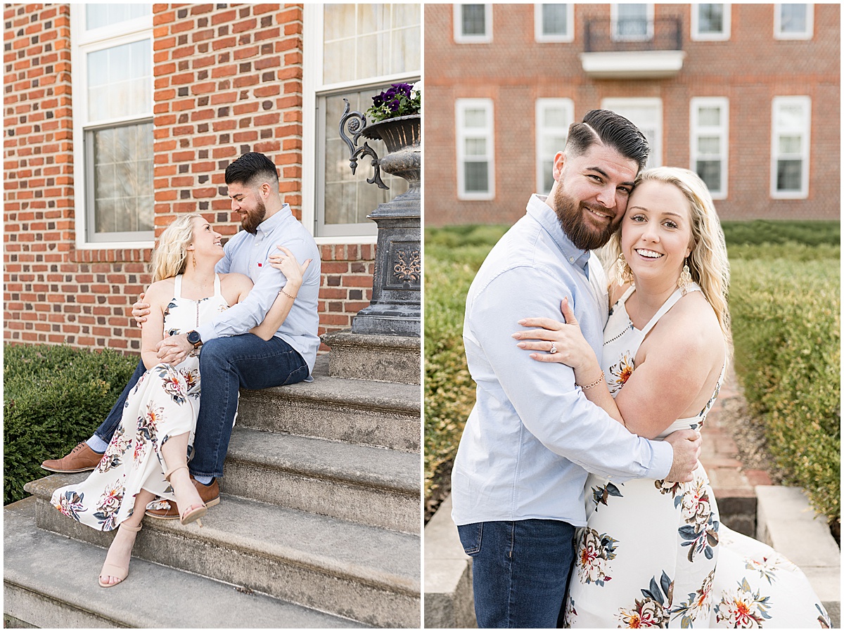 Spring engagement photos in front of Coxhall Mansion in Carmel, Indiana