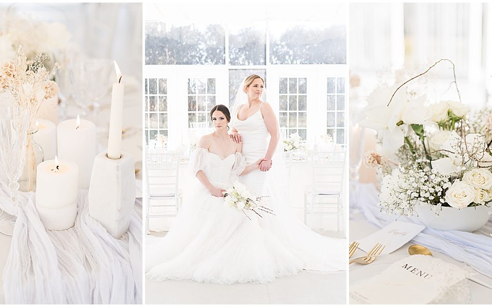 Wedding vow books and bridal details for winter wedding at The Ritz Charles Garden Pavilion in Carmel, Indiana