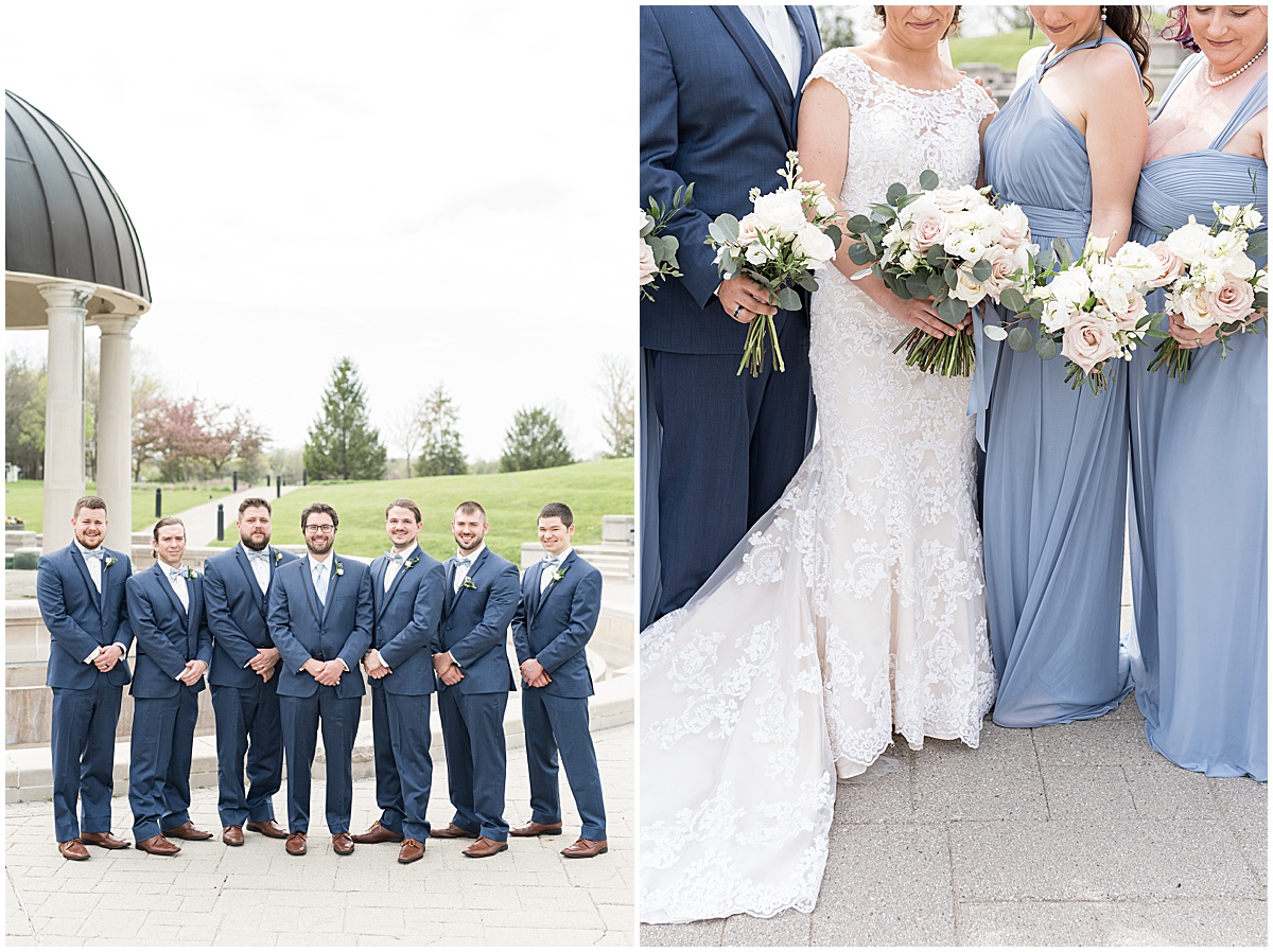 Groomsmen portrait and bouquet details at bridal party photos at Coxhall Gardens in Carmel, Indiana