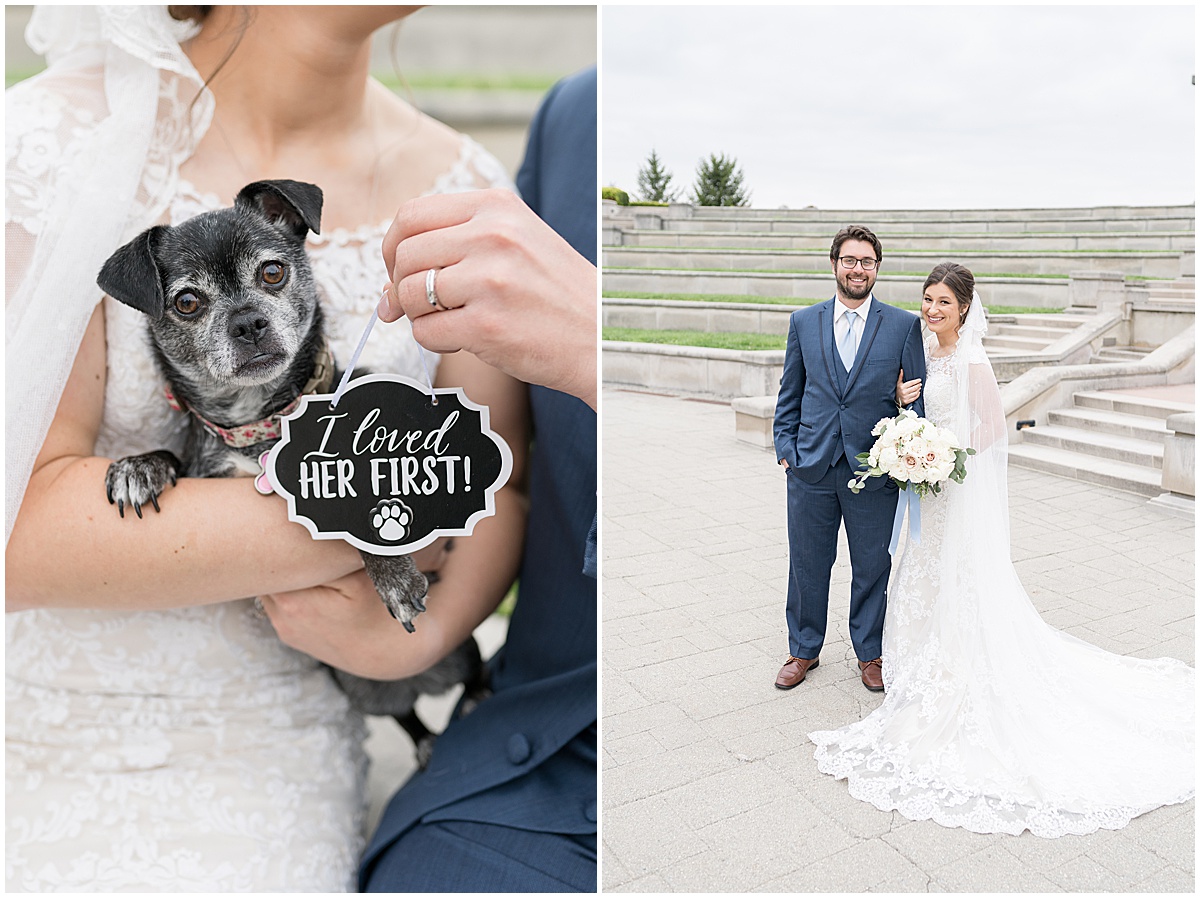 Bride and groom with dog at Coxhall Gardens in Carmel, Indiana