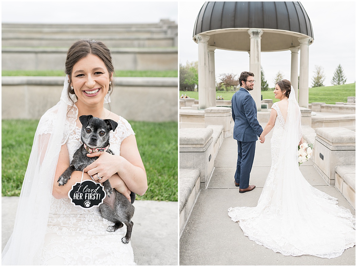 Bride with dog at Coxhall Gardens in Carmel, Indiana