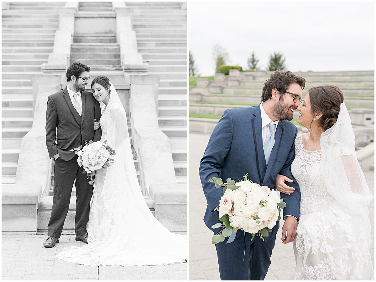 Couple by steps at Coxhall Gardens in Carmel, Indiana