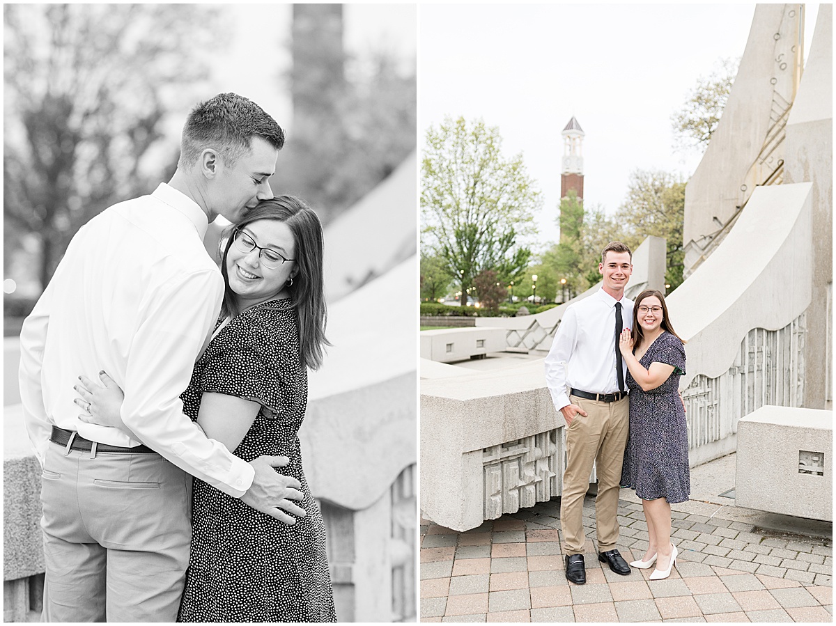 Couple hugging during engagement and graduation photos at Purdue University